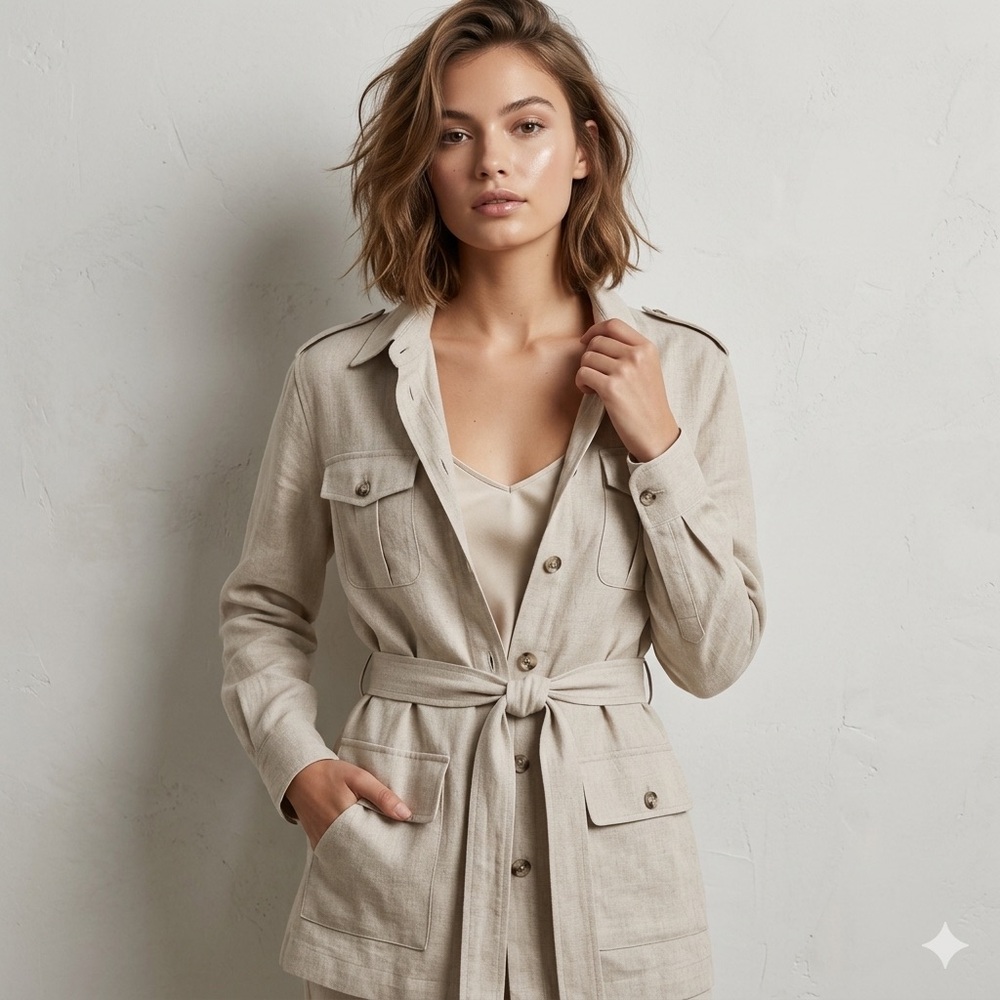 Lord & Taylor Classic Button-Down Linen Safari Utility Jacket with Belt SZ 14